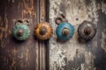 rusty vintage door knobs on weathered wooden background Royalty Free Stock Photo