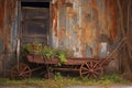 rusty vintage plow against rustic barn wall