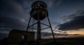 Rusty Water Tower and Abandoned Building at Dusk Royalty Free Stock Photo