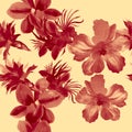 Rusty Watercolor Foliage. Red Flower Garden. Scarlet Seamless Set. Coral Hibiscus Textile. Pattern Palm. Tropical Wallpaper. Fashi Royalty Free Stock Photo