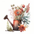 Rusty Watering Can with Fresh Spring Flowers AI Generated