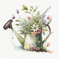 Rusty Watering Can and Spring Flowers in Bloom AI Generated Royalty Free Stock Photo