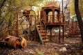 rusty, weathered playground equipment in overgrown park