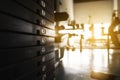 Rusty weight stack in a gym sunrise with copy space. Royalty Free Stock Photo