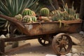 Rusty wheelbarrow with cactuses. Generate ai Royalty Free Stock Photo