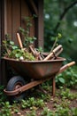 Rusty wheelbarrow overflowing with old gardening tools , farm, soil Royalty Free Stock Photo