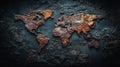 Rusty world map on dark stone, global, textured background, environmental concept Royalty Free Stock Photo