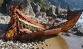 Rusty wreck of stranded ship