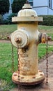 Rusty yellow fire hydrant on sidewalk