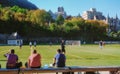 Rutherford park soccer game with Royal Victoria hospital as background