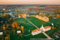 Ruzhany, Brest Region, Belarus. Cityscape Skyline In Autumn Sunny Evening. Bird`s-eye View Of Ruzhany Palace. Famous