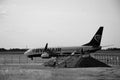 Ruzyne, Czech republic - August 16, 2018: prospect place with people and Ryanair aeroplane in Vaclav Havel airport in Prague durin