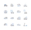 RV and accommodation line icons collection. Camper, Trailer, Motorhome, Campsite, Glamping, RV park, Tent vector and