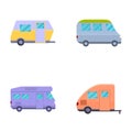 Rv camper icons set cartoon vector. Van and pickup truck with trailer