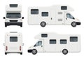 Rv camper. Realistic family camping trailer for travelling and have a rest car back top and front sides view vector set Royalty Free Stock Photo