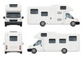 Rv camper. Realistic family camping trailer for travelling and have a rest car back top and front sides view vector set