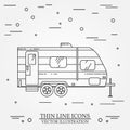 RV camper trailer thin line. Camping RV trailer caravan outline icon. RV travel camper grey and white vector pictogram on Royalty Free Stock Photo