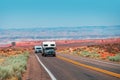 RV Camper Van on the American Road. Exploring the USA. Holiday trip vacation. Motorhome, caravan on a road. Recreational Royalty Free Stock Photo