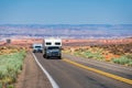RV Camper Van on the Road. Exploring the USA. Holiday American trip. Motorhome, caravan on a road. Vehicle motor home Royalty Free Stock Photo