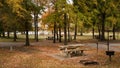 RV campground in eastern Oklahoma, picnic tables, fire rings, and river