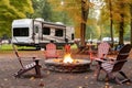 rv campsite with firepit, chairs, and picnic table Royalty Free Stock Photo