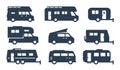 RV cars, recreational vehicles, camper vans icon set Royalty Free Stock Photo