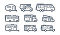 RV Cars, Recreational Vehicles, Camper Vans in Outline Style Royalty Free Stock Photo