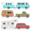 Rv cars, travel mobile houses, family camping trailers, motorhome vehicles vector set isolated