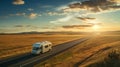 Rv Driving On Empty Country Road At Sunset Royalty Free Stock Photo