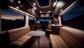 Vehicle recreational interior in wooden view of motorhome modern camper rv van. RV Interior Living Room and Kitchen.