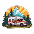Symbolic Cartoon Camper Van In The Mountains: Uhd Image With New Topographics Style Royalty Free Stock Photo
