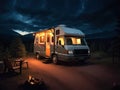 RV parked in the woods at night with a campfire Royalty Free Stock Photo