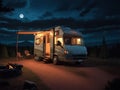 RV parked in the woods at night with a campfire Royalty Free Stock Photo