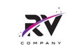 RV R V Black Letter Logo Design with Purple Magenta Swoosh Royalty Free Stock Photo