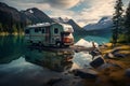 RV recreation vehicle parked next to lake during summer time