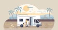 RV road trip scene with travel camper vehicle on road tiny person concept