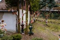 Rvacov near Hlinsko, Czech Republic, 15 April 2022: House of Hanging Dolls, terrible dirty bad plastic dolls hang on trees and on