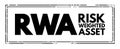 RWA Risk Weighted Asset - bank`s assets or off-balance-sheet exposures, weighted according to risk, acronym text concept stamp