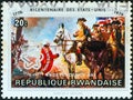 RWANDA - CIRCA 1976: A stamp printed in Rwanda issued for the bicentenary of American Revolution shows the surrender at Yorktown