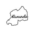 Rwanda outline map with the handwritten country name. Continuous line drawing of patriotic home sign