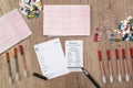 rx blank with pills, syringe and pharmacy receipt Royalty Free Stock Photo