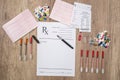 Rx blank with pills, syringe and pharmacy receipt Royalty Free Stock Photo