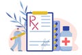 Rx form. Form for medicines with pencil and tablets on a white background. Vector illustration in flat style. Vedical Royalty Free Stock Photo