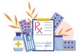 Rx form. Form for medicines with pencil and tablets on a white background. Vector illustration in flat style. Vedical Royalty Free Stock Photo