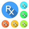 Rx icons. Rx signs in different colors on white background. Rx - prescription symbol. Medicine and pharmacy. Flat style design. Royalty Free Stock Photo