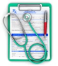 RX prescription pad, medical stethoscope and ballpoint pen Royalty Free Stock Photo