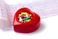 RX prescription, Red heart, asorted pils and a stethoscope on white background