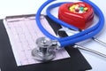 RX prescription, Red heart, asorted pils and a stethoscope on white background Royalty Free Stock Photo
