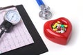 RX prescription, Red heart, asorted pils and a stethoscope on white background Royalty Free Stock Photo