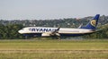 Ryanair airline, airplane, Boeing 737, EI-EST landing, touch down, smoke, runway